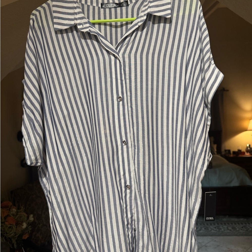 NWT Cure. Blue and White Vertical Stripe Button-Down Shirt